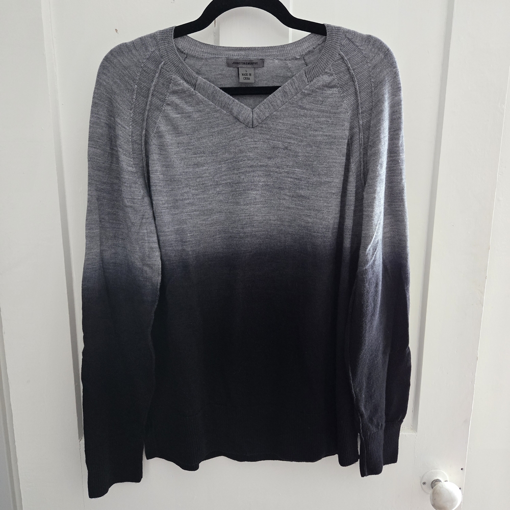 Johnston & Murphy Sweater, Mens Large V Neck Gray & Black Ombre 100% Merino Wool